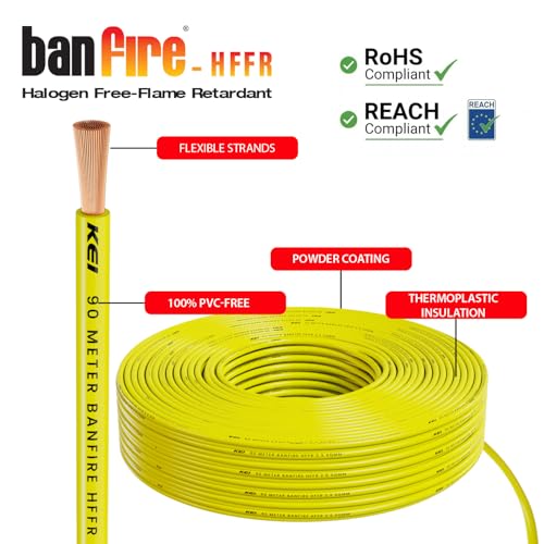 Image of KEI BANFIRE- HFFR 2.5 sqmm 1 Core 99.97% Pure Copper Conductor Heat Resistant Flame Retardant Low Smoke & Halogen - Lead Less House Wire for Domestic & Industrial Electrical Wiring (Yellow,90 Meters)