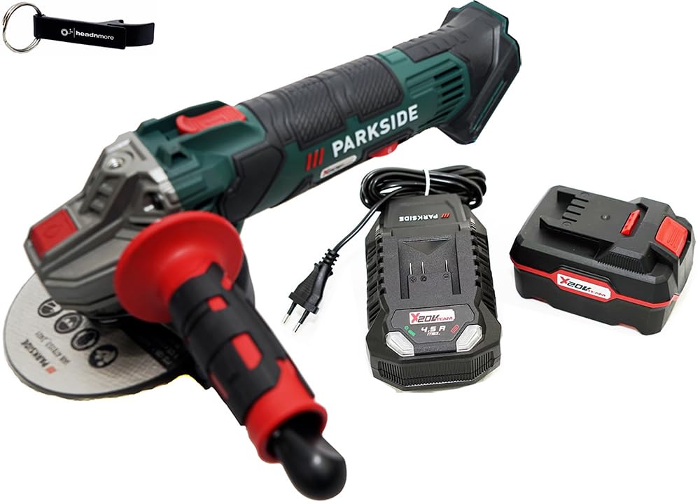 PARKSIDE® 20 V szlifierka kątowa PWSA 20-Li D4 w zestawie akumulator 4 Ah + breloczek do kluczy HEADNMORE® w pakiecie HEADNMORE®