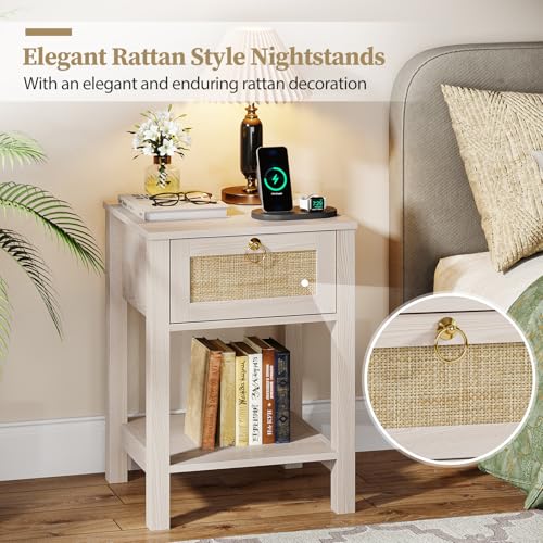 Eclatara Rattan Nightstand Set of 2: Sturdy White Night Stand with Rattan Decor Drawer, Farmhouse Nightstand Bedside Table Boho End Tables Side Tables for Bedroom (Cream White Oak,2 Pieces) - Image 4