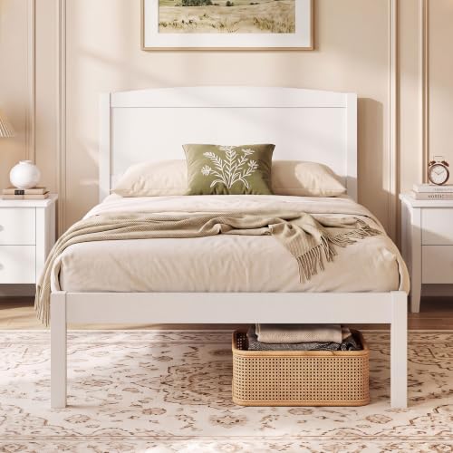 Image of GIANTEX Twin Size Wooden Bed Frame with Curved Headboard, Wood Slat Support | Farmhouse Platform Bed w /Heavy Duty Mattress Foundation, Under-Bed Storage Space, No Box Spring Needed, Easy Assembly