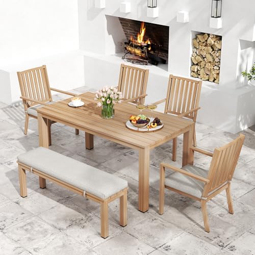 Wisteria Lane Aluminum 6 Pieces Patio Dining Sets, Outdoor Dining Table with 4 Chairs and Bench, Outdoor Patio Dining Furniture Set with Removable Cushion for Lawn, Garden, Backyard, Brown
