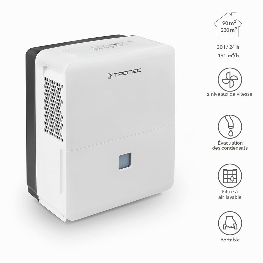 TROTEC Déshumidificateur électrique TTK 96 E – 30 L/24h, pour pièces jusqu’à 90 m², hygrostat réglable 35–85%, mode séchage linge, minuterie, bac 3 L, drainage continu