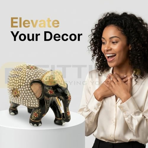 Image of EL04 Black Temple Elephant Idol Pair 6x4x7.5 Inch | Heavy Teak Wood Multicolor Painted Elephant with Stick-On Stone Work for Home Mandir, Pooja & Living Room Decor, Premium Gift - Pack of 1