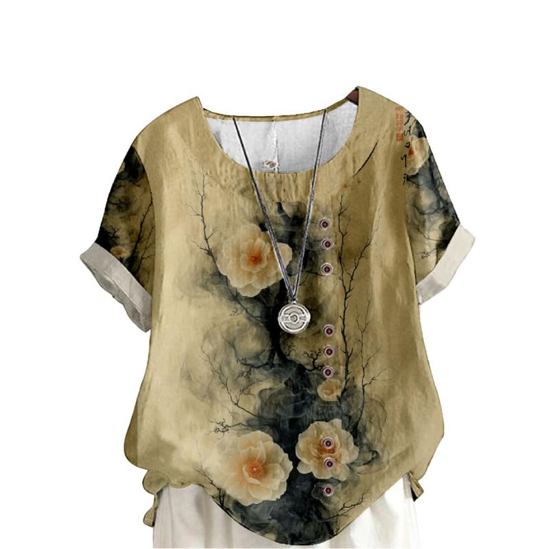 DMOYALA Women's Boho Shirts Short Sleeve Floral Crewneck Blouse Button Decor Graphic T Shirt Tunic Tops for Summer