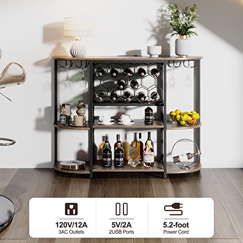 Logianis Wine Rack Table With Outlet And Led Light 47.3 Inch Freestanding Wine Bar Rack Wooden Rustic Wine Storage With Wine Shelf And Glass Holder Wine Bar Cabinet Rustic Brown #TOP3