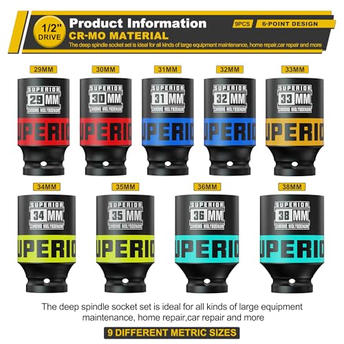 Image of 9 Piece 1 /2 inch Drive Impact Socket Set, 29 mm-38 mm Axle Nut Socket, Metric, CR-MO, 6 Point, Large Equipment Maintenance, Home Repair, Car Repair and More