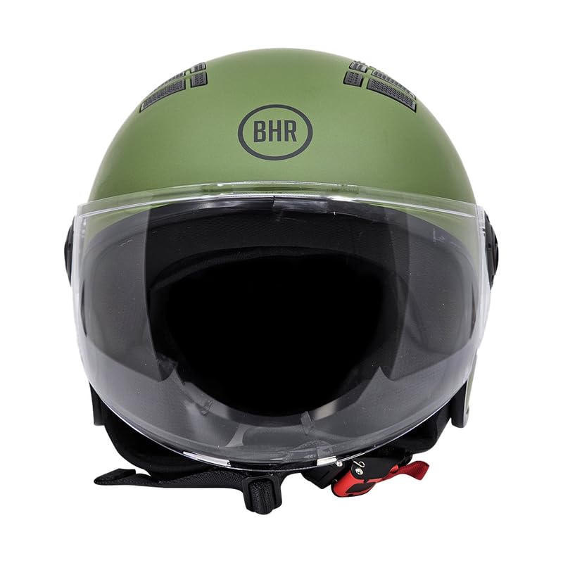 BHR Casco Moto Demi-Jet 834 FLOW - Casco Scooter Verano Homologado ECE 22.06 con 16 Puntos de Ventilación - Casco Moto Abierto con Visera Anti Rayas y Desbloqueo Micrométrico - Verde Mate, XL