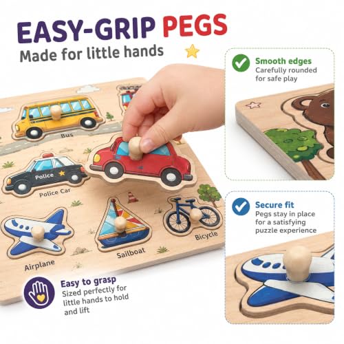 Image of Wooden Peg Puzzles for Kids Ages 3-5, 6 Pack Large ABC Alphabet Number Shape Animal Dinosaur Vehicle Puzzle Set, Preschool Learning Toys, Montessori Educational Gifts for 3 4 5 Boys Girls