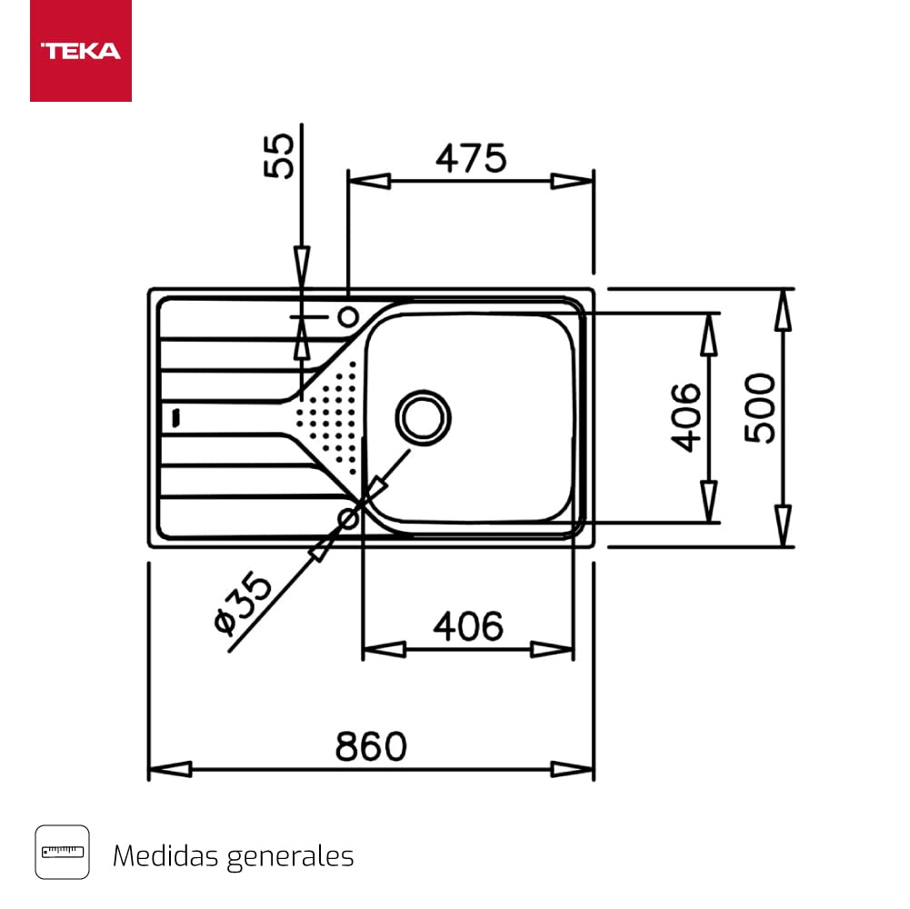 TEKA Fregadero Encastrado 1 Cubeta con Escurridor Izquierda en Acero Inoxidable, Profundidad Cubeta 190mm, Mueble 50cm, Desagüe Manual con Válvula Canasta y Sifón, Universe 50 T-XP 1C 1E Plus