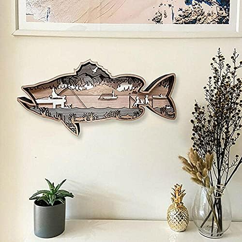 GaoFan Hand Painted Fish Wall Decor, 3D Stacked Hand Carved Fishing Scene, Unique Fish Wall Sculpture, Hanging Wooden Home Decorations, for Indoor Outdoor,Largemouth bass