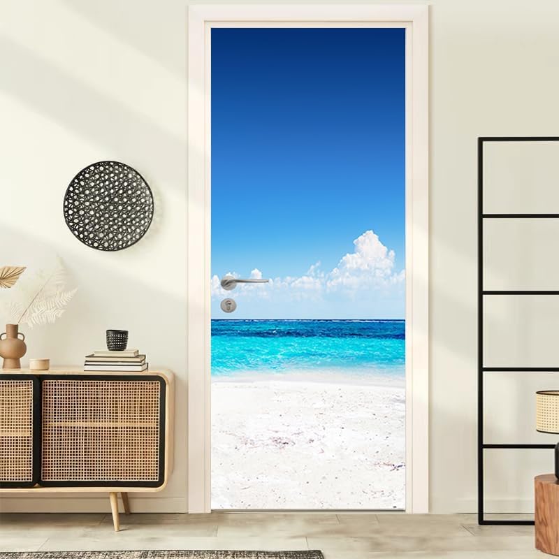 Vinilos Puertas Océano Pegatina Puerta Mar Azul Pegatinas Pared Decorativas Papel Tapiz Autoadhesivo 3D Mural Puertas para Cocina de Baño Decor 95x215 cm 5665a