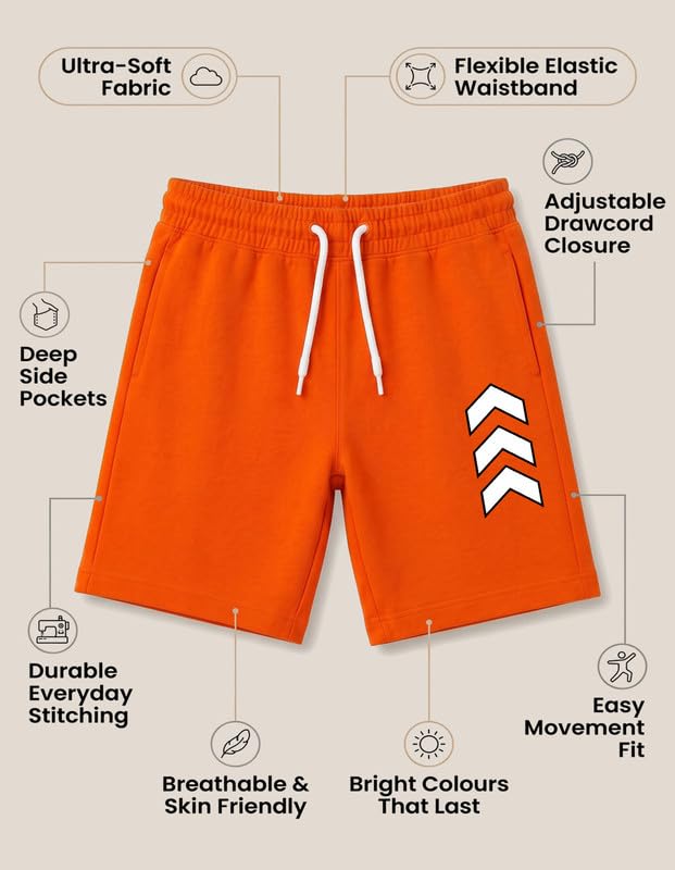 Image of Nusyl Solid & Printed Cotton Blend Shorts for Boys | Comfortable Casual Shorts | Soft Breathable Fabric with Elastic Waistband | Relaxed Fit | 2-16 Years | Multiple Colors