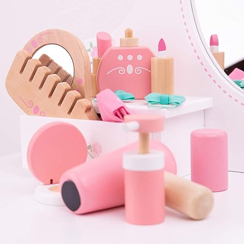 Miniatura 7 de Bigjigs Toys Estuche de tocador de madera para niños, kit de tocador de 11 piezas y accesorios con bolsa de transporte de lunares rosados, juguete