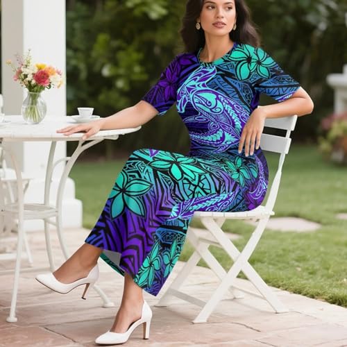 Image of Puletasi Samoan Traditional 2 Piece Outfits for Women Short Sleeve Crop Top and Maxi Skirt Sets Puletasi Dress