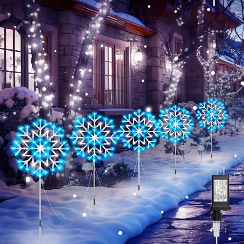 Brightown Large Snowflake Lights Outdoor, 10-Pack 34" Christmas Pathway Lights Decorations for Yard, 8 Modes Sidewalk Marker Stake for Driveway Walkway, IP44 Waterproof,Blue and White