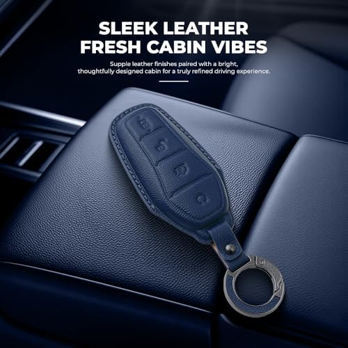 Image of Keyzone Premium Leather Key Cover & AC Vent Car Perfume Combo (4 Fragrances) | Compatible for BYD Seal, Atto3 4 Button Smart Key. (Blue)