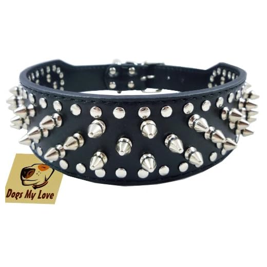 19"-22" Black Faux Leather Spiked Studded Dog Collar 2" Wide, 37 Spikes 60 Studs, Pitbull, Boxer