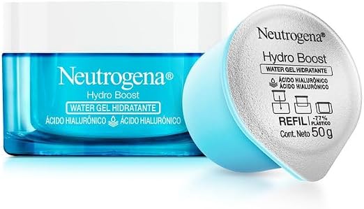Pote de vidro original do hidratante Neutrogena Hydro Boost ao lado do copo de refil