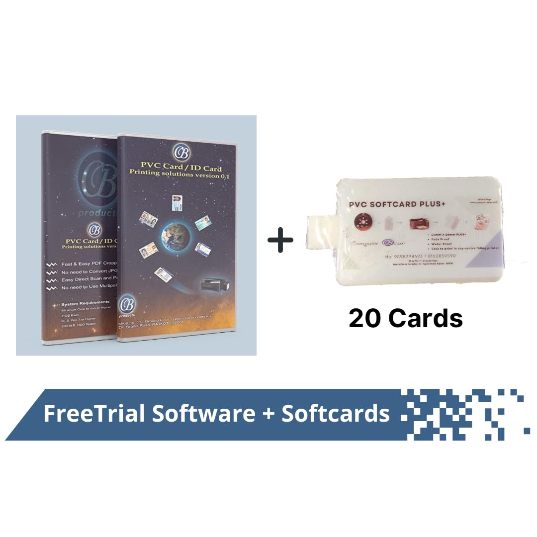 COMPUTER BAZAR PVC Card Printing Software (7 days Full Features Working) + 20 Softcards | Trial pack – No Watermarks | 54mm X 86mm plus
