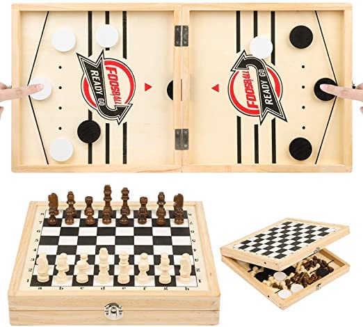 23.6 x 11.8 in Foldable Fast Sling Puck & Chess 2 in 1 Set, Wooden Hockey Game, Slingshot Board Portable for Kids and Adults, Parent-Child Interactive Desktop for Family Party