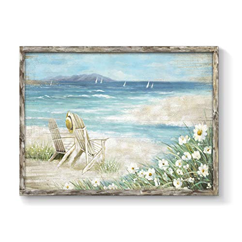 Abstract Beach Framed Painting Artwork: Seaside Chair Wall Art Seascape Hand Painted Painting for Vacation Villa (16