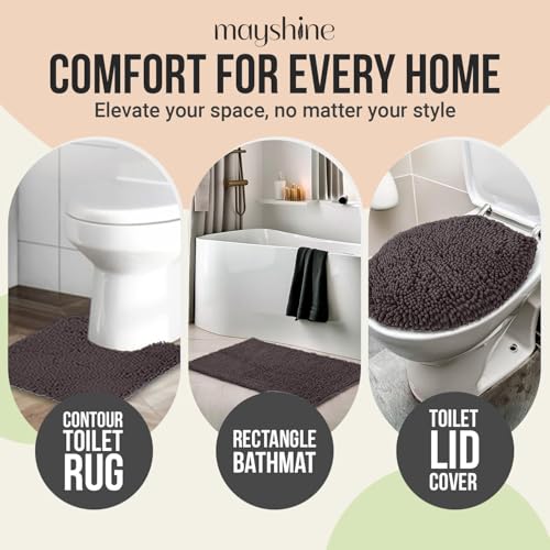 Image of Standard 3pc Set Chenille Bath Mats, Includes 21 inchx24 inch U-Shaped Contour Toilet Rug, 21 inchx34 inch Inches Bathmat and 1 Toilet Lid Cover, Plush Absorbent Bath Mats Quick Dry, Chocolate Brown