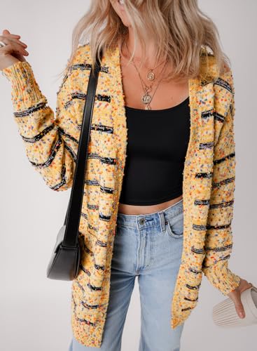 Chic Women's Beige Striped Pom Pom Knit Open Front Long Cardigan3