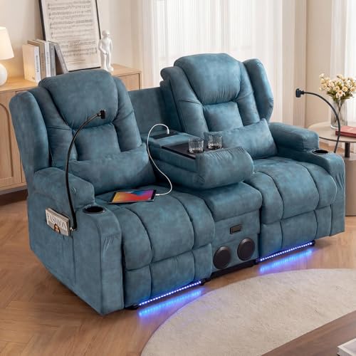 Image of Redlife Power Loveseat Recliner Sofa with Console, Leathaire Farbic Dual Reclining Couch with Blue LED Lights, Bluetooth Speakers, USB Ports, Phone Holders, Home Theater & RV Recliner (Navy Blue)