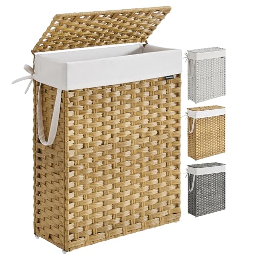Image of SONGMICS Slim Laundry Hamper with Lid, 14.5 Gallon (55L) Rattan Clothes Laundry Basket with Lid and Handles, Foldable, Removable Liner, Goose Yellow ULCB164N01