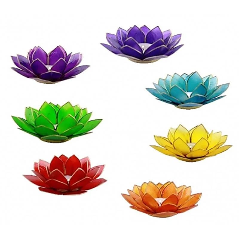 Set von 7 Capiz Lotus Teelichthaltern Chakra Goldrand - 13.5 cm