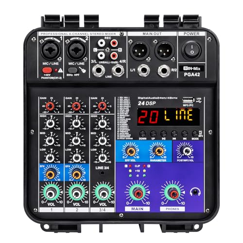 W IN-MIX 150W x2 Powered Mixer with 4 Channels Bluetooth USB/MP3 Playback & 48V Phantom Power for Karaoke DJ Home Studio & Live Sound