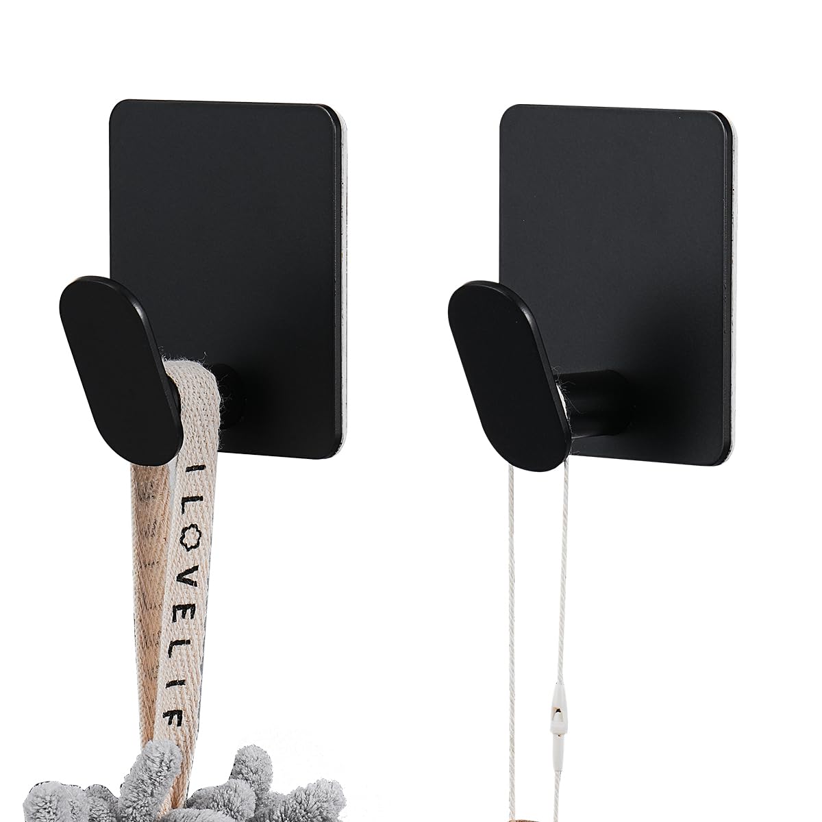 Flybath Coat Hooks SUS 304 Stainless Steel Towel Robe Hook Square Bathroom Accessories Wall Mounted Self Adhesive (No Drilling), Matte Black - 2 Pack