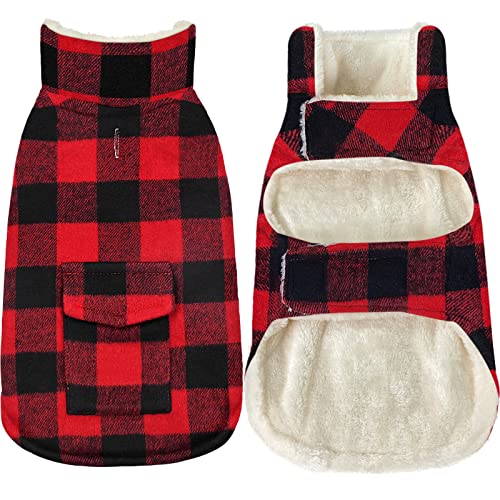 Malier Dog Winter Coat, Classic Plaid Fleece Dog Cold Weather Coats Dog Jacket with Pocket, Windprood Warm Dog Coat Vest Winter Pet Clothes Apparel for Small Medium Large Dogs (Red, Medium)
