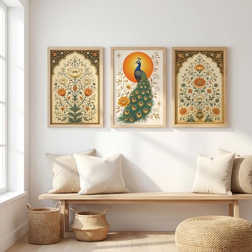 Image of NoWorries Floral Peacock Wall Art Set of 3 Framed Prints | Indian Traditional Botanical Painting, Royal Peacock & Lotus Flower Poster, Vintage Rajasthani Wall Decor for Living Room Bedroom Home (Synthetic Engineered Wooden Frame) (MIN -1, 13x17 inches)