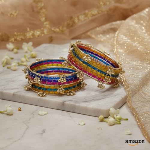 Image of NEW SURYA ENTRPRISES Kashmiri Ghangharoo Glass Bangle Set for Women|Light Weight Bangles|Traditional Transparent Fancy Glass Chudi Set Of 16(12 Glass + 4 ghungroo bangles)