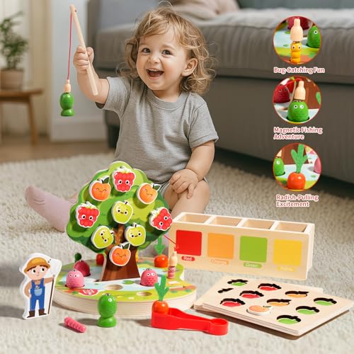 Image of INIFEIDALA Montessori Toys for 3 4 5 Year Olds | Birthday Gifts for Kids | Wooden Educational Toddler Toys, Shape Sorting, Carrot Harvest & Magnetic Fishing Game - Fine Motor Skills Development