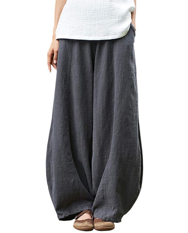 ZOCAVIA Cotton Linen Pants for Women Summer Causal Baggy Wide Leg Pants Waist Elastic Relax Fit Lantern Trouser with Pockets
