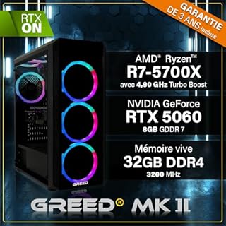 Greed® MK2 - High End PC Gamer - AMD Ryzen 7 5700X + Nvidia Geforce RTX 5060 - Ordinateur RGB Ultra Rapide + PC Gaming 4K Raytracing avec 4.6 GHZ - 32 Go DDR4 RAM - 1 TB SSD - WLAN + W11 Pro