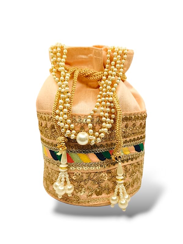 Elegant Potli Bags for Women – Raw Silk Fabric with Intricate Embroidery, Beads & Sequins – Perfect for Weddings, Parties, & Festive Occasions – Stylish Accessory for Ethnic & Modern Looks (Peach)