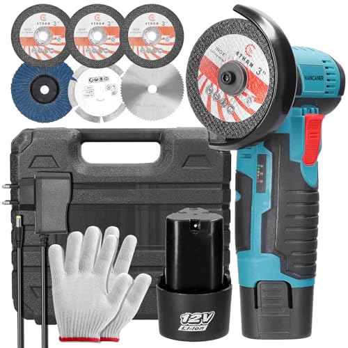 Hancaner Mini amoladora angular inalámbrica 19500 RPM 12 V profesional de disco inalámbrico | 2 batería 2.0 Ah | 6 discos de corte 76 mm | Amoladora angular inalámbrica para molienda y corte