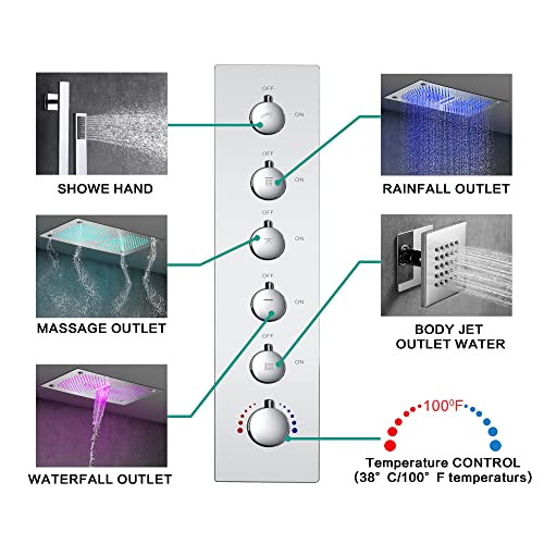 Cascada Luxury 16”x28” Music LED shower system with built-in Bluetooth Speakers, 5 functions (Rain, Waterfall, Mist Outlet, Body Jet & Hand Shower) & Remote Control 64 Color Lights (Brushed Nickel) miniatura 5