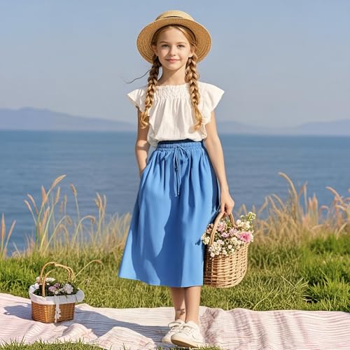 Image of Girls Maxi Skirt A-Line Uniform Skirts School Daily Skirt with Pockets, 4-13 Years