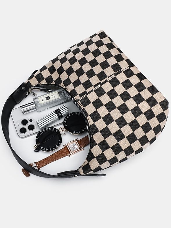 Black and White Checkered Bag PU Leather Hobo Handbag Checkered Purse Crescent Bag 20254