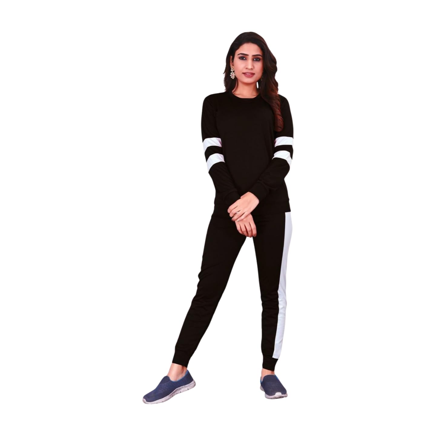 Women's Long Sleeve Track Suit with Arm Stripe Top and Side Panel Jogger Pants Set.