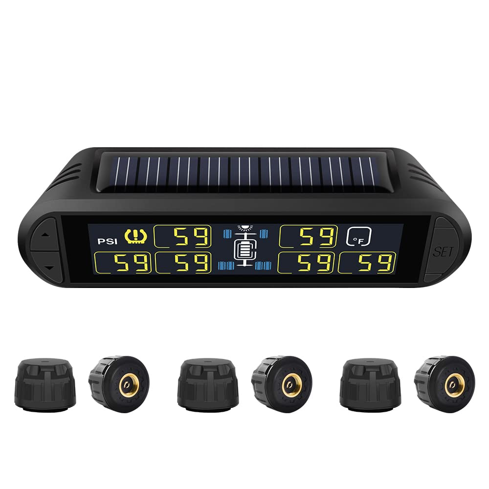 B-QtechRV Tire Pressure Monitoring System Solar Powered High Brightness Adjustable TPMS (0~199PSI) for Trailer Travel Motorhome 6 Sensors, 5 Alarm Modes Pressure Temperature Real-time Monitor System