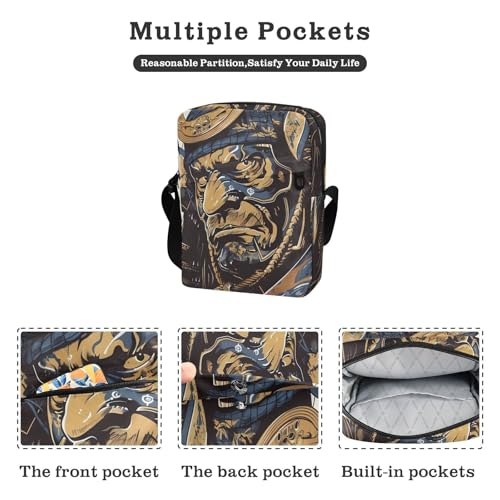Crossbody Sling Bag for Women Men, Zipper Closure Messenger Bags Samurai Portrait Print with Card Phone Passport Compartment 6.6×9.4×2.5 IN2