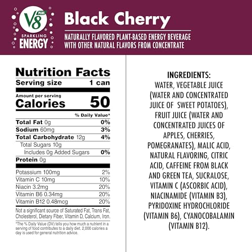 Image of V8 +Energy Sparkling Black Cherry Juice Energy Drink, 11.5 fl oz Can (12 Pack)