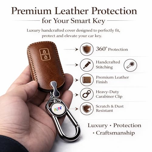 Image of JVCV Car Styling Soft Handmade Leather Key Cover Compatible with Suzuki Jimny Fronx Grand Vitara Victoris Baleno XL6 Swift Ertiga, Dzire Urban Cruiser Glanza, Hyryder (2 Button Smart Key, Brown)
