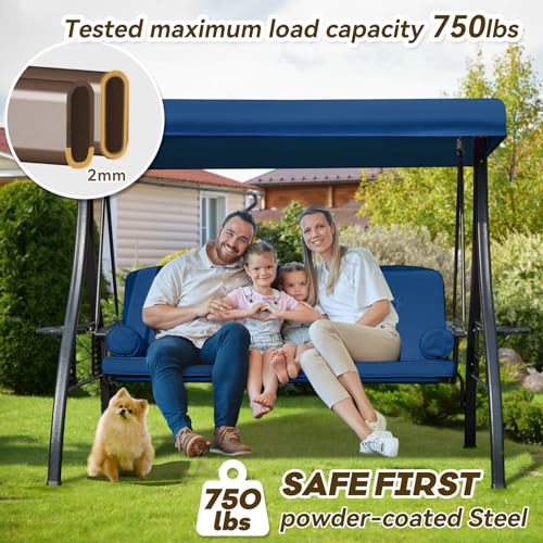 Image of 3 in 1 Outdoor Porch Swing with Adjustable Canopy, 3 Seat Outdoor Swing for Adults, Patio Swing Chair with Thickened Cushions,Pillows & Cup Holders for Backyard, Porch, Garden (Blue)