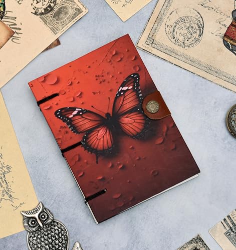 Image of Handmade Hardcover Diary | Red Butterfly Design Journal with Metal Lock & 125 GSM Recycled Paper (7x5 Inch)